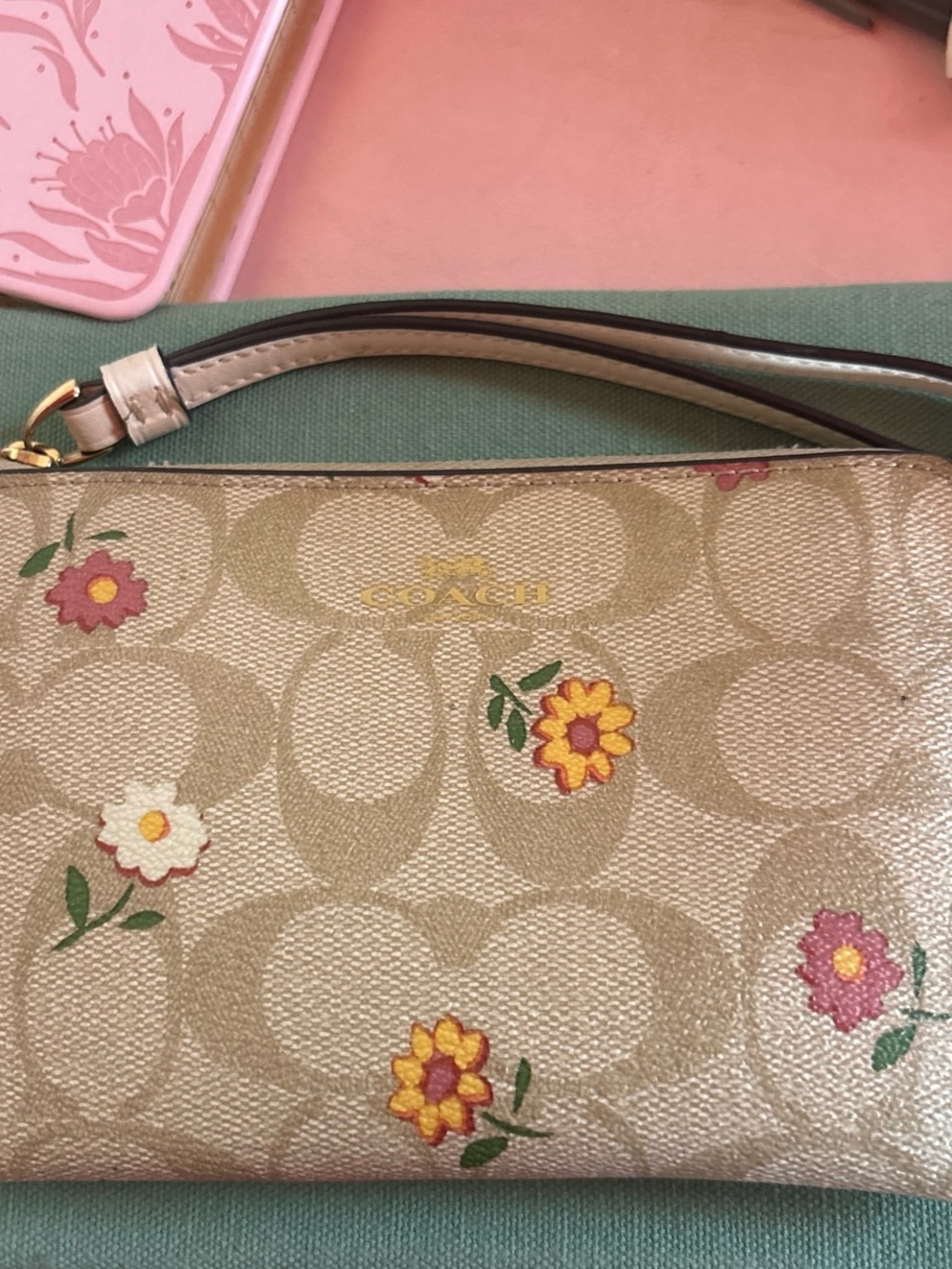 Coach Beige Signature Floral Wristlet with Yellow & Pink Accents
